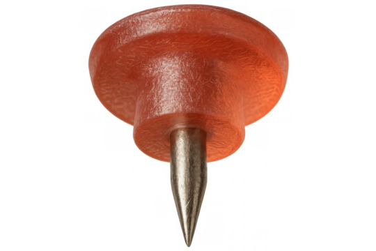 Red pushpin pushing into a surface, holding important notes or documents, transparent background