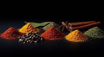 A close-up of various vibrant spices artfully arranged, showcasing the essence of culinary delight and the promise of exquisite taste ,fragrant ,fusion ,spice