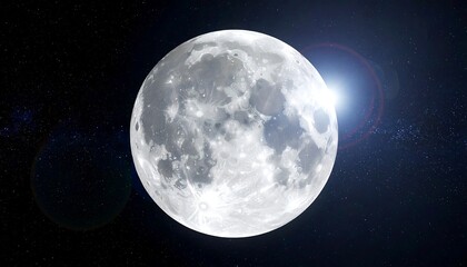 Textured full moon against a dark backdrop speckled with stars and bright lens flare on the right side