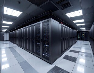 A spacious, symmetrical server room. Rows of enclosed server racks dominate the scene, along with bright, recessed lighting and a checkered floor