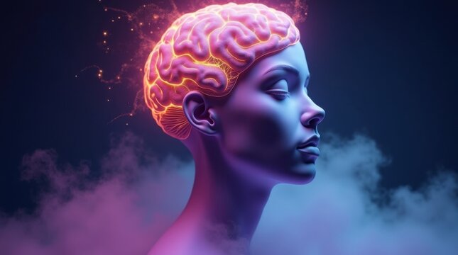 Busto humano abstracto de color violeta intenso con un cerebro caótico de neón que presenta vibrantes vías neuronales naranjas y verdes