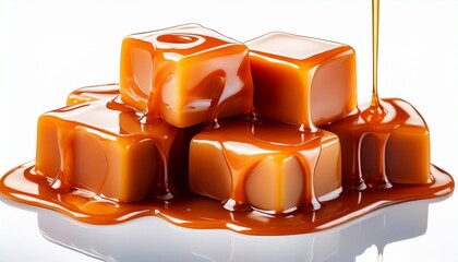 Isolated Caramel Cubes With Drizzling Sauce Isolated Without Background