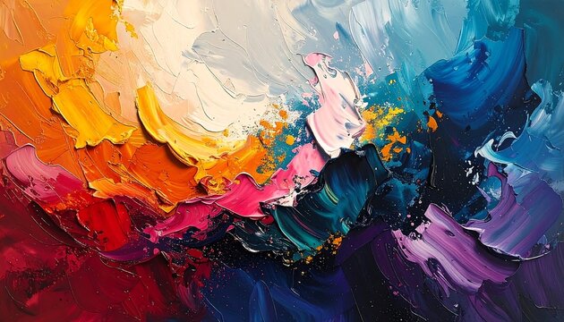 Textured impasto painting featuring vibrant hues blending into a dynamic abstract composition with layers of color