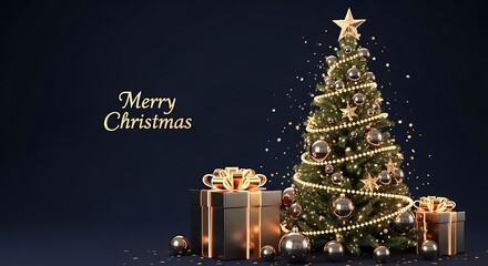 A beautifully decorated Christmas tree adorned with golden ornaments and gifts, set against a dark blue background with "Merry Christmas" text.