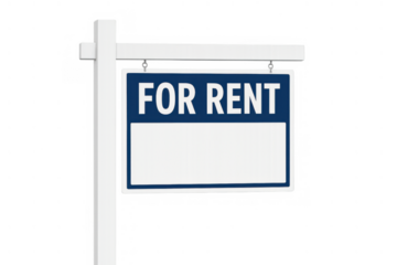 For rent sign indicating vacant property and real estate opportunities with space for details, transparent background