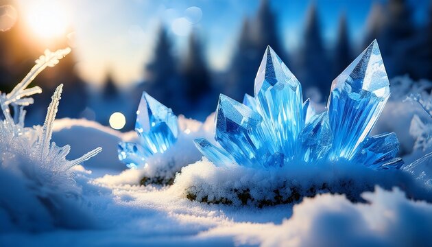 Majestic Blue Crystals In Winter Wonderland With Icy Details And Soft Lighting