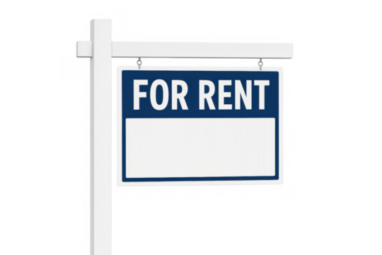 For rent sign indicating vacant property and real estate opportunities with space for details, transparent background - Powered by Adobe