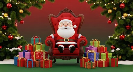 A cheerful 3D rendered Santa Claus sits comfortably in a grand red armchair, flanked by festive Christmas trees and an abundance of colorful wrapped presents.