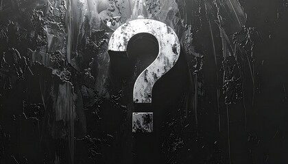 Textured question mark floats against a textured, dark backdrop with a light source above. Symbolic and mysterious