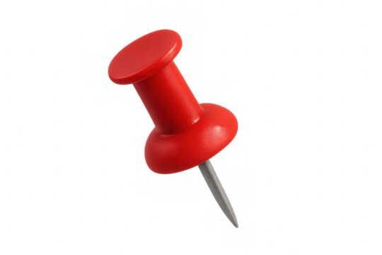 Red pushpin pointing downwards, creating reminder, notice, and organization concepts, transparent background