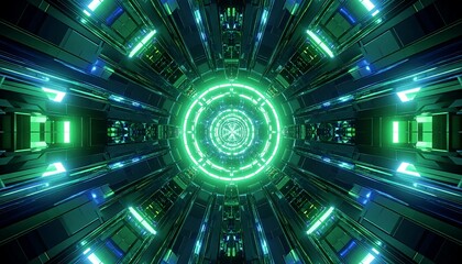 Symmetrical corridor with glowing neon circles & angular panels in green & blue creates a futuristic, sci-fi effect
