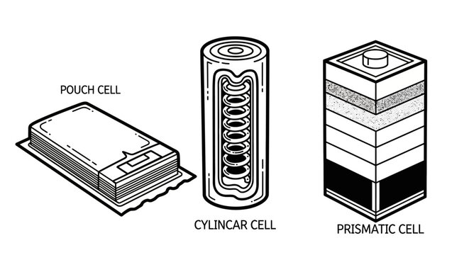Battery Cell Types - Pouch, Cylindrical, and Prismatic Designs.