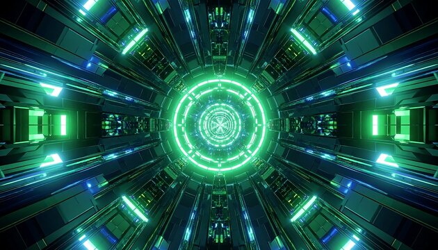 Symmetrical corridor with glowing neon circles & angular panels in green & blue creates a futuristic, sci-fi effect