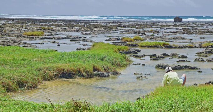 Children observe marine life in the intertidal zone of Okinawa.