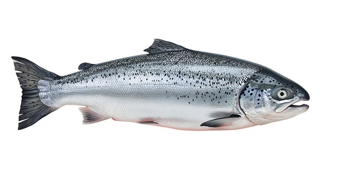 Realistic depiction of a silver salmon fish side view on transparent background