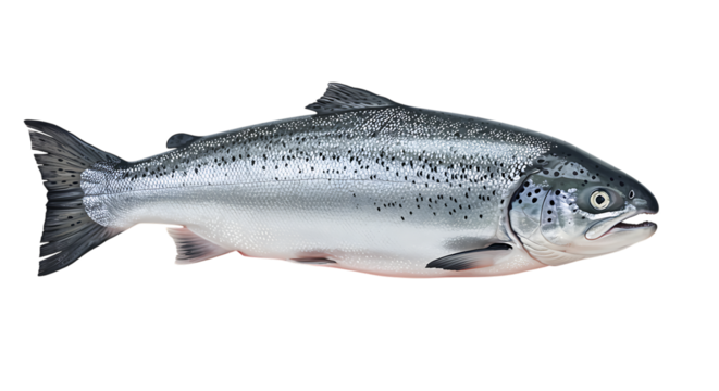 Realistic depiction of a silver salmon fish side view on transparent background