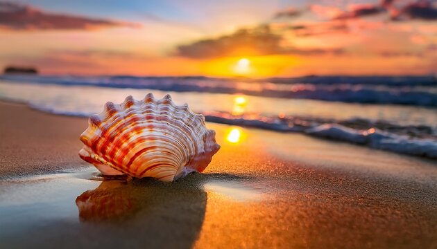 A Vibrant Seashell On A Sandy Beach At Sunset With Colorful Reflections And A Tropical Vibe Creating A Captivating And Artistic Scene Of Summer Vacation Paradise