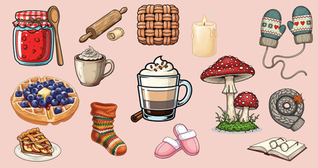 Cozy autumn elements like warm drinks, baked goods, and comforting accessories evoke a sense of hygge and relaxation during fall.