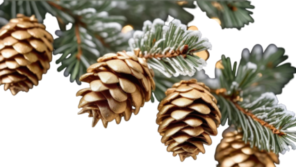 Christmas tree branches with sparkling pinecones, holiday lights, and icy needles, great for seasonal banners, invitations, and festive ads.