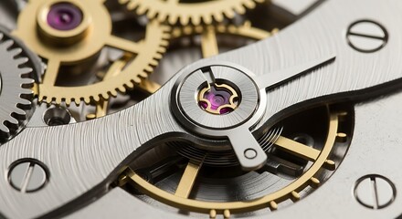 A close up of the inner workings of a watch with gears and jewel bearings in silver and gold tones