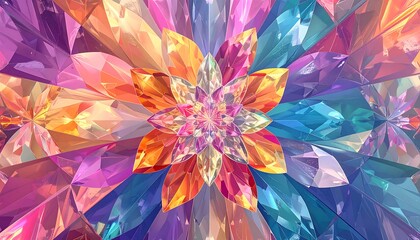 Symmetrical floral geometric design, multi-colored facets radiating outwards, in shades of purple, orange, and blue