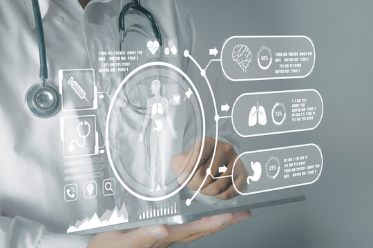Doctor using a tablet with a futuristic UI to analyze patient's medical and wellness data. Concept of AI in healthcare, healthtech, and holistic health.,white background with copyspace.