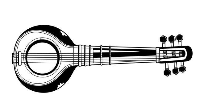 Black and white line art illustration of a traditional Indian dotara instrument.