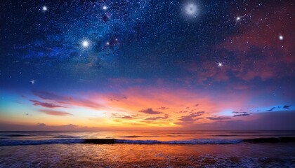 Obraz premium Dramatic Sunset Hues Meet Starlit Skies Shooting Stars Over The Sea Colorful Serene And Magical Atmosphere Stars Sunset