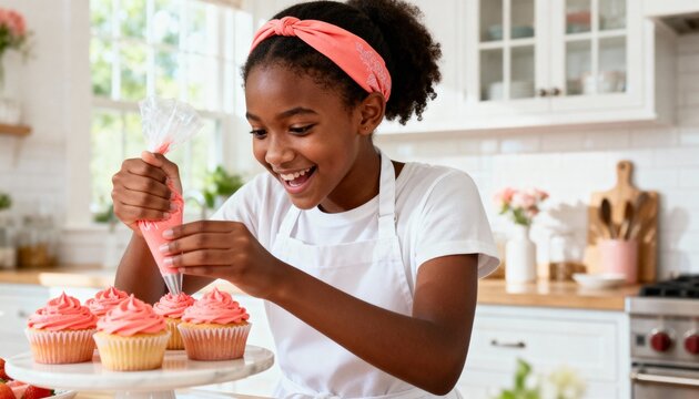 Joyful African American girl decorating homemade cupcakes with pink icing. Child having fun baking in a bright kitchen