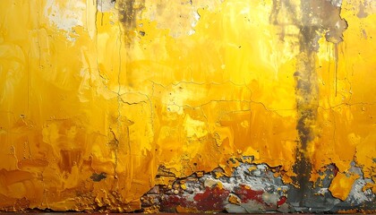 Textured wall with peeling, bright yellow paint, revealing layers and colors underneath, creating abstract patterns
