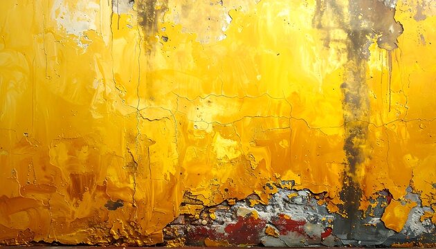 Textured wall with peeling, bright yellow paint, revealing layers and colors underneath, creating abstract patterns