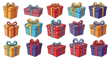 Collection of fifteen brightly colored, hand-drawn gift boxes tied with bows, each with unique patterns