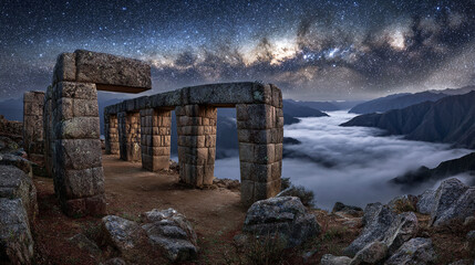 Ancient Inca Stone Observatory in the Andes with Starry Night Sky and Milky Way Alignment