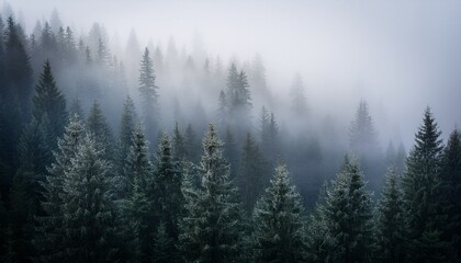 Mystic Very Foggy Pine Tree Forest Natural Background