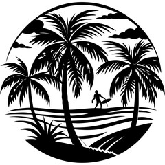 Palm Trees and Surfer Silhouette at Sunset, Tropical Beach Scene Vector Illustration