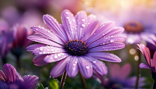 Purple African Daisy Flowers With Water Drops In Morning Light Soft Bokeh Background Creates Dreamy Atmosphere For Nature Photography And Floral Design