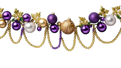 Festive tree garland with shiny purple, gold, and white holiday balls, great for Christmas backgrounds and decorative frame elements.