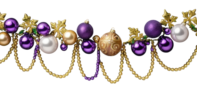 Festive tree garland with shiny purple, gold, and white holiday balls, great for Christmas backgrounds and decorative frame elements.