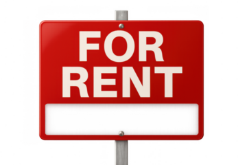 Red real estate sign with for rent text, finding rental property, housing vacancy, available apartment concept