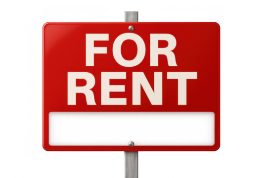 Red real estate sign with for rent text, finding rental property, housing vacancy, available apartment concept