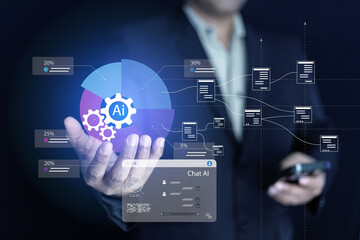 A businessman interacts with a futuristic digital interface,showcasing the application of artificial intelligence (AI) in modern workplaces.This conceptual image represents innovation, data analytics.