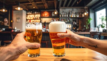 Two foamy beers are clinked together on a wooden counter in a dimly lit bar with shelves of alcohol behind