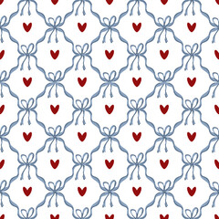 Flirty Preppy coquette bow heart damask seamless pattern textile, baby clothes, wallpaper, wrapping