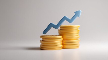 3D stacked gold coins with upward arrow blue icon financial growth business money