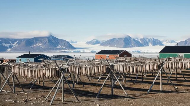 Arctic Coastal Village With Stockfish Drying Racks And Colorful Houses By Glacier Fjord In Summer