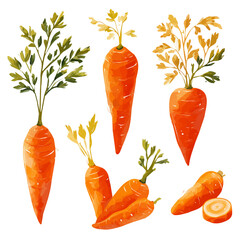 An EPS format illustration, A Simple 2D vibrant Vibrant Carrot Collection isolated on a white background, vector, watercolor simple flat 2D icon, minimalist design, collection