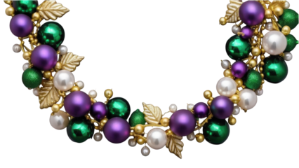 Decorative border of golden leaves and colorful bauble ornaments, ideal for winter celebration designs or seasonal greeting cards.