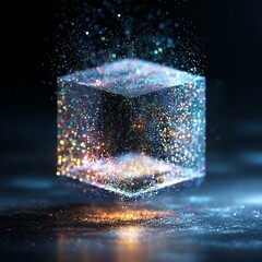 A futuristic floating holographic cube radiating colorful light particles, creating a mesmerizing visual experience.