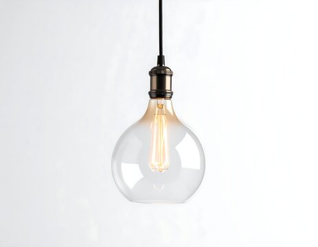 A spherical, clear lightbulb hangs from a cord, its warm amber filament glowing, against a plain white background - Powered by Adobe