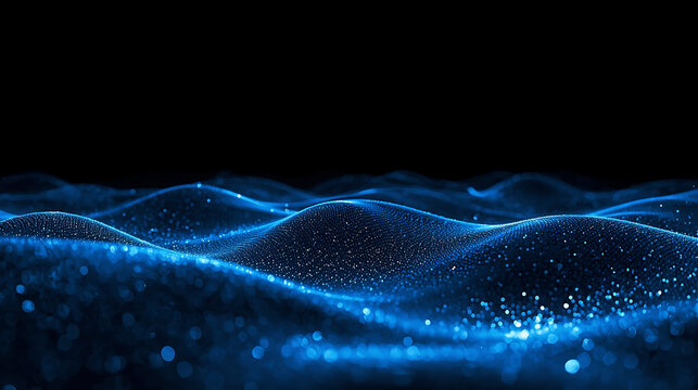 Abstract blue glowing particle waves on black background dynamic digital surface wallpaper - Powered by Adobe